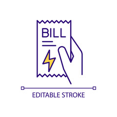 Check electricity bill RGB color icon. Monthly payment. Essential service. Paying for energy. Utility bill. Isolated vector illustration. Simple filled line drawing. Editable stroke. Arial font used