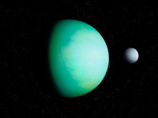 Bright green planet with atmosphere and solid surface has a moon. Exoplanet with satellite on a black background. 