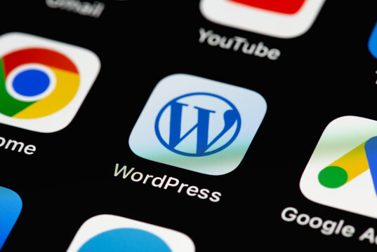 WordPress icon mobile app on the screen smartphone interface iPhone macro. WordPress - open source site content management system. Batumi, Georgia - May 7, 2022