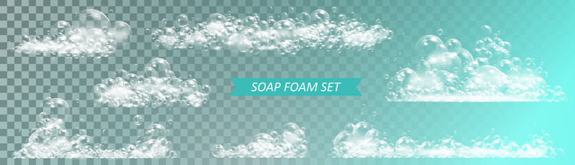 Soap foam with bubbles isolated vector illustration on transparent background
