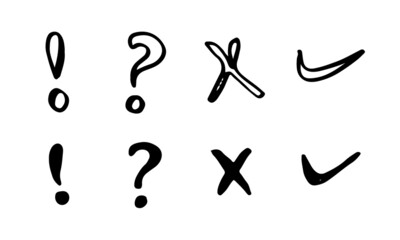 Image of exclamation mark icon and check mark icon in doodle style on white background.