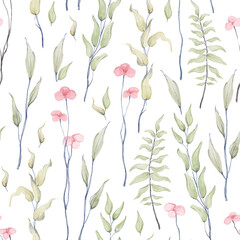 Nursery wallpaper. Watercolor hand drawn cute seamless pattern with delicate abstract spring flowers, green branches. Meadow wild flowers elements isolated on white background.