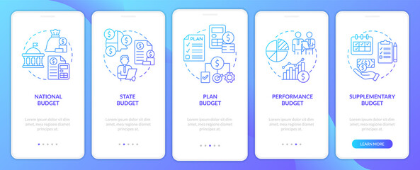 Budget types blue gradient onboarding mobile app screen. Walkthrough 5 steps graphic instructions pages with linear concepts. UI, UX, GUI template. Myriad Pro-Bold, Regular fonts used