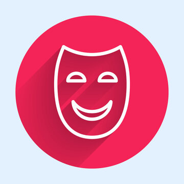 White Line Comedy Theatrical Mask Icon Isolated With Long Shadow. Red Circle Button. Vector