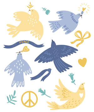 Illustration set of doves and signs of peace, pacific. Symbolizes world peace, stopping the war, truce, hope. Isolated objects on a white background.