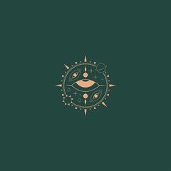 Sun, planet, stars, evil eye. Geometric, linear style. Vector illustration. Isolated round icon. Boho, esoteric, witchcraft, alchemy, mystic, abstract concept. Logo, avatar, poster, print template
