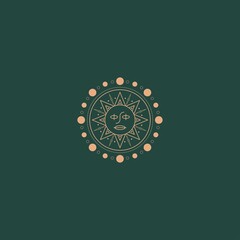 Sun with face. Geometric, ethnic, linear art style. Trendy Vector illustration. Isolated round icon. Boho, esoteric, witchcraft, alchemy, mystic, abstract concept. Logo, avatar, poster, print template