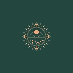 Evil Eye in pyramid, crescents. Geometric, linear style. Trendy Vector illustration. Isolated icon. Boho, esoteric, witchcraft, alchemy, mystic, abstract concept. Logo, avatar, poster, print template