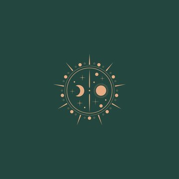 Moon, sun, stars. Geometric, linear art style. Trendy Vector illustration. Isolated round icon. Boho, esoteric, witchcraft, alchemy, mystic, abstract concept. Logo, avatar, poster, print template