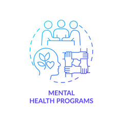 Mental health programs blue gradient concept icon. Group support and care. Psychology trend at work abstract idea thin line illustration. Isolated outline drawing. Myriad Pro-Bold font used