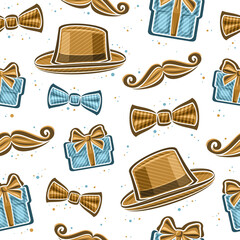 Vector Father's Day seamless pattern, square repeating background with set of cut out illustrations of brown mans hat, bow tie, blue gift boxes and cartoon mustache for fathers day on white background