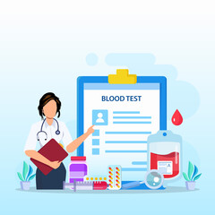 Medical blood test flat concept. Chemical laboratory analysis, medical office or laboratory.