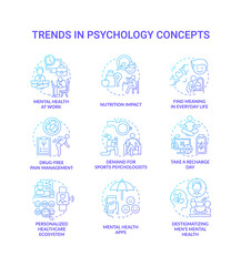 Trends in psychology blue gradient concept icons set. Innovations in mental health idea thin line color illustrations. Isolated symbols. Editable stroke. Roboto-Medium, Myriad Pro-Bold fonts used