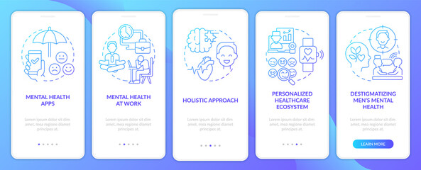 Mental health improving blue gradient onboarding mobile app screen. Walkthrough 5 steps graphic instructions pages with linear concepts. UI, UX, GUI template. Myriad Pro-Bold, Regular fonts used