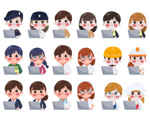 Clipart occupation character working with laptop collection. Vector character people design.