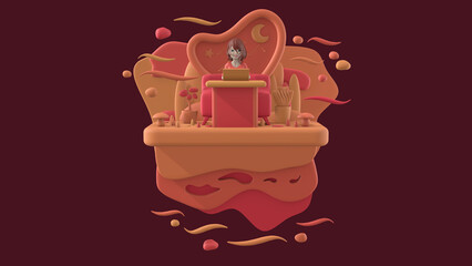 Concept woman working. Brunette girl with laptop at the table sits on sofa late at night. Abstract concept art lazy sedentary young freelancer working from home with plants. Red background