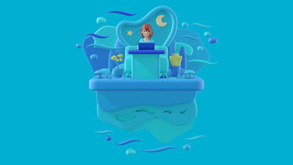 Concept woman working. Brunette girl with laptop at the table sits on sofa late at night. Abstract concept art lazy sedentary young freelancer working from home with plants. Blue background. 3d render