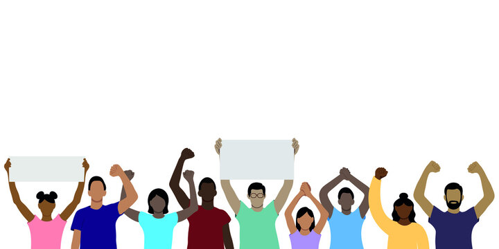 Set of portrait images of dark-skinned girls and guys with their hands raised above their heads, flat vector on a white background, faceless illustration