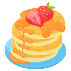 Pancakes With Strawberry Sauce with maple syrup Concept, French Crepes vector color icon design, Cooking breakfast symbol, Morning Meal Dishes Sign, Restaurant or cafe menu stock illustration