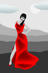 A woman wearing a vibrant red dress poses in a gray landscape.