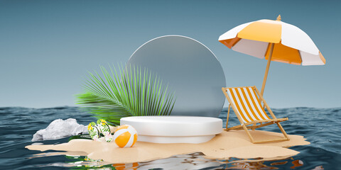 summer background 3d product display platform scene with surfboard platform. sky cloud summer background 3d render on the ocean display. podium on sand beach cosmetic product display stand