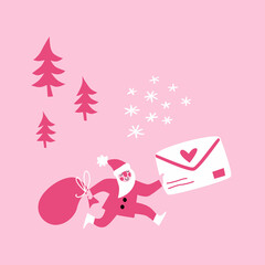 Santa Clause carrying gifts bag and letter.