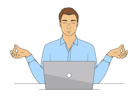 A Man Meditating In Front Of A Laptop In Office Clothes With His Eyes Closed. Vector Illustration In Comic Style Isolated On White Background