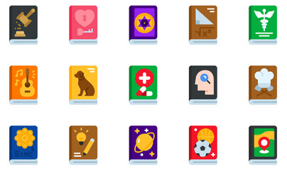 Set of Vector Icons Related to Books. Contains such Icons as Law Book, Love Book, Magic Book , Math Book, Music Book, Travel Book and more.