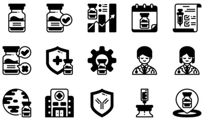 Set of Vector Icons Related to Vaccine. Contains such Icons as Ampoule, Approve, Certificate, Development, Doctor, Hospital and more.
