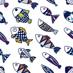 Cute fish.  Kids line background. Seamless pattern. Can be used in textile industry, paper, background, scrapbooking.
