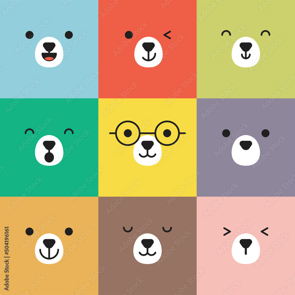 Wall mural Set of various bear facial expressions avatar. Adorable cute baby animal head vector illustration. Simple flat illustration of animal face on colorful square background.