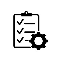 Clipboard with gear isolated icon. Technical support check list icon. Management flat icon concept. Software development.