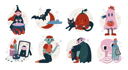 Set vector flat cute cartoon illustrations. Halloween illustrations.
