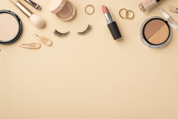 Makeup concept. Top view photo of contouring palette makeup brushes gold rings barrettes compact powder eyeshadow false eyelashes lipstick and nail polish on pastel beige background with copyspace
