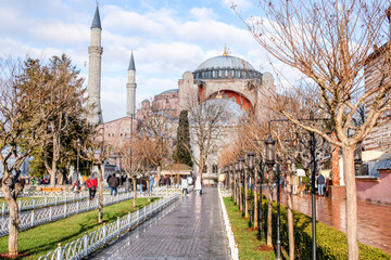 Tourists around Hagia Sophia. Hagia Sophia is a former Orthodox patriarchal basilica, later a mosque ISTANBUL, TURKEY 
