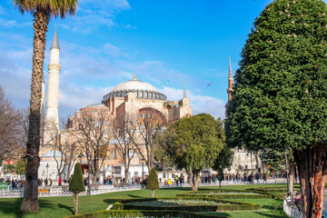 Tourists around Hagia Sophia. Hagia Sophia is a former Orthodox patriarchal basilica, later a mosque ISTANBUL, TURKEY 