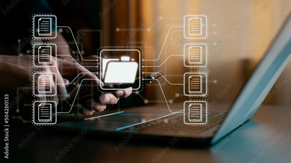Poster Document Management System (DMS), online documentation database, and process automation to efficiently manage files, knowledge, and documents in a company using ERP. Corporate business technology.