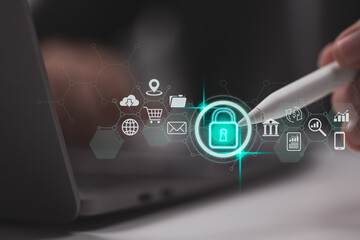 Data security and privacy ideas. Internet network security and the lock icon. A businessman protects personal data on virtual screens.