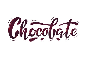 Chocolate. Volume trendy hand lettering. Brown letters made of glossy chocolate with drops on the white background. Chocolate logo for product packaging advertising flyer banners shop cafe logo.
