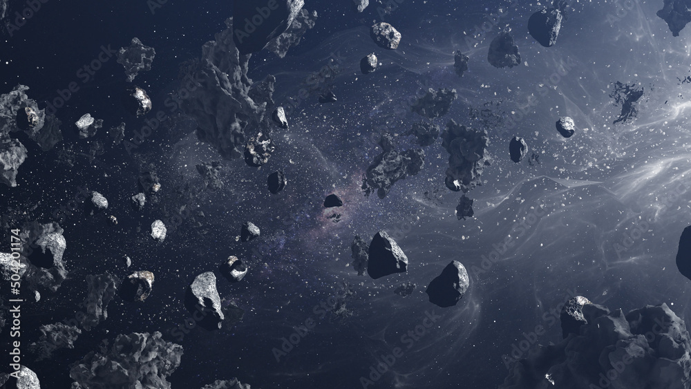 Wall mural 3d rendering of deep space with massive asteroid field flying , large asteroid rocks flying in space