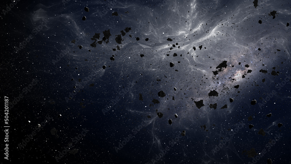 Wall mural 3d rendering of deep space with massive asteroid field flying , large asteroid rocks flying in space