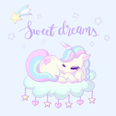 Fototapeta na wymiar Sleeping unicorn on a cloud in a night sky vector illustration. Sweet dreams lettering.