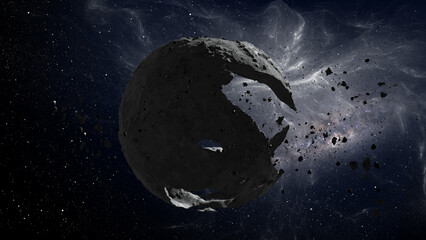 3D rendering of deep space with Dead Hollow planet and asteroids surrounding
3d illustration