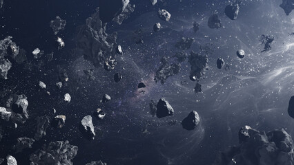 3D rendering of deep space with massive asteroid field flying ,
Large Asteroid Rocks Flying in space, Milky way Meteors rotating in deep space
3d illustration - obrazy, fototapety, plakaty