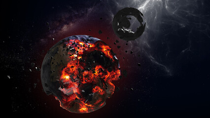 3D rendering, cinematic view of Earth and the moon dying after massive space event  3d illustration © ImageBank4U