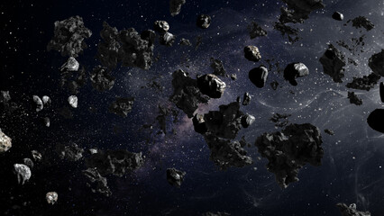 3D rendering of deep space with massive asteroid field flying , Large Asteroid Rocks Flying in space, Milky way Meteors rotating in deep space 3d illustration © ImageBank4U