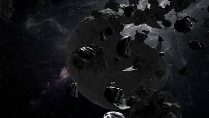 3D rendering of deep space with Dead Hollow planet and asteroids surrounding 3d illustration © ImageBank4U