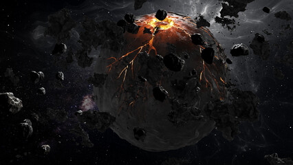 3D rendering of deep space with dying star with lava and asteroids surrounding 3d illustration © ImageBank4U