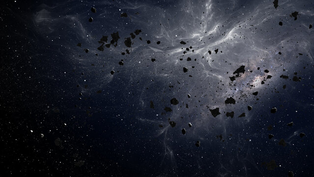 3D rendering of deep space with massive asteroid field flying ,
Large Asteroid Rocks Flying in space, Milky way Meteors rotating in deep space
3d illustration