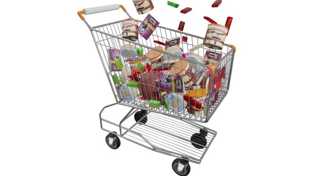Cheese, eggs, chocolate, books, soccer balls, margarine, preserves in the shopping cart. Economy, spending money and shopping concept on white background